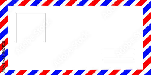 Airmail Envelope frame images with strips. International vintage letter border. Retro air mail postcard with blue and red stripes. Empty classic postal frame. Vector illustration.