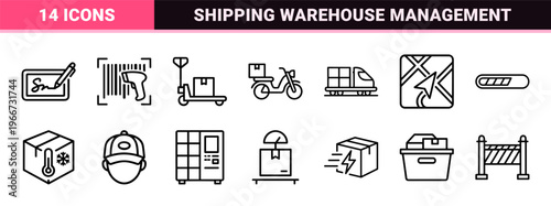 Global Logistics and Delivery Services Icon Set Featuring Minimalist Monoline Geometric Outlines for Supply Chain and Shipping Management