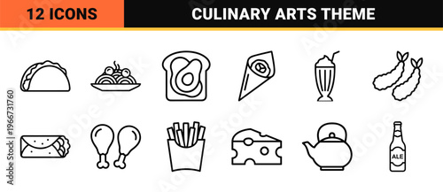Culinary and Beverage Minimalist Monoline Geometric Line Art for Menu Design and Digital Interface Navigation