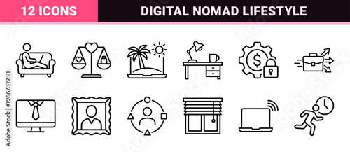 Minimalist Monoline Freelance and Digital Nomad Icon Set, Geometric Black Outline Symbols for Remote Work and Home Office Productivity