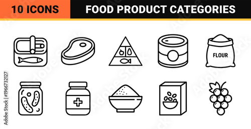 Commercial Food Product Line Icons featuring Minimalist Monoline Geometric Art for Grocery Branding and Supermarket Packaging Design.
