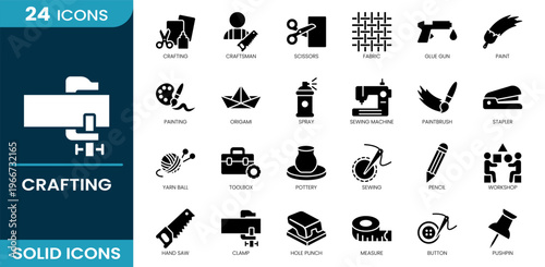 Crafting icon set. Sewing, crafting, toolbox, paintbrush, scissors, workshop, glue gun, fabric, pottery, yarn ball, clamp, pencil, origami and more. Solid vector icons collection.