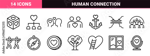 Human Connection and Interpersonal Relationship Thin Line Icons Featuring Minimalist Monoline Geometric Art for Social Community Branding