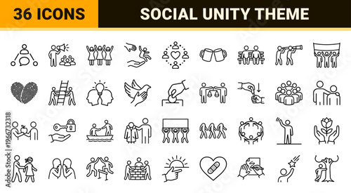 Human Connection and Community Support Minimalist Monoline Icon Set featuring Geometric Line Art for Social Unity and Networking.