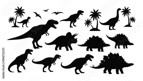 A collection of prehistoric dinosaurs and tropical palm trees are depicted in stark black silhouettes high quality professional detailed modern elegant