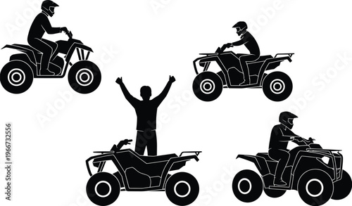 ATV quad bike riders silhouettes, off road adventure sport, extreme outdoor activity, motorsport action, helmet safety, recreational vehicle lifestyle concept