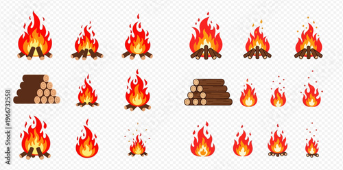 Set of various campfire and bonfire icons with logs for outdoor activities.