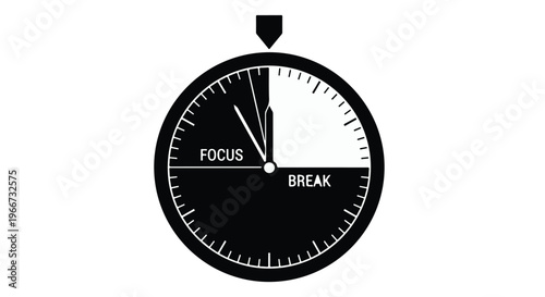 Productivity timer clock with focus and break labels on white background, time management concept for business and work