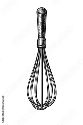 Vintage engraved kitchen whisk illustration, hand-drawn, classic wooden handle, wire loops. Ideal for baking, cooking, mixing, whipping, beating ingredients. A timeless culinary tool, perfect for reci