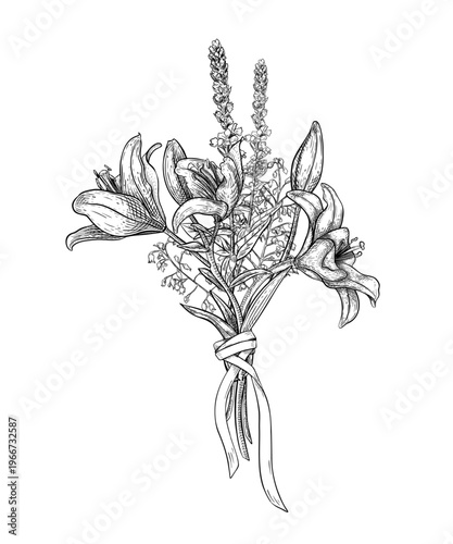 Bouquet of lily flowers black white botanical hand drawn sketch. Floral arrangement lily wildflower with ribbon for wedding invitation design. Monochrome vector illustration of spring blossom graphic.