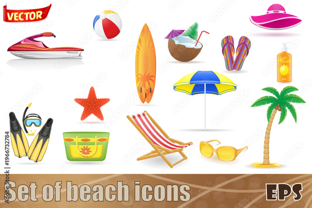 Naklejka premium set of beach icons and accessories vector illustration isolated on white background