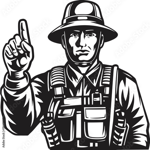 Determined military soldier in combat gear and helmet pointing an index finger skyward