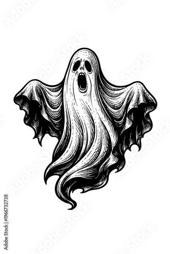 Terrifying Screaming Ghost Illustration for Halloween Decorations & Spooky Events. A Vintage Hand-Drawn Ink Style Phantom with Haunting Details, Perfect for Creepy Designs, Seasonal Celebrations, and