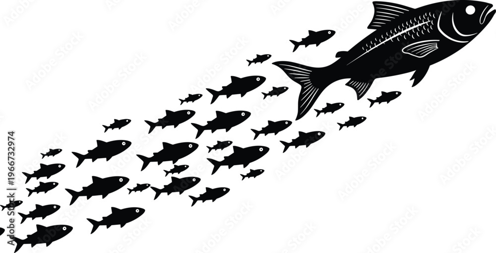 Obraz premium School of fish silhouette forming large fish shape, black vector illustration isolated on white background, marine life concept, ocean wildlife design element