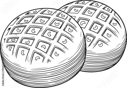 Waffle outline sketch drawing, sweet pastry dessert vector illustration for cafe menu design or packaging