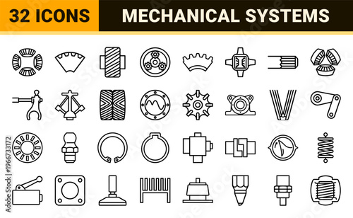 Industrial Engineering Mechanical Parts Minimalist Monoline Outline Set Featuring Precision Gears Bearings and Transmission Components