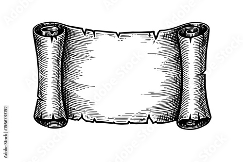 Vintage Engraved Parchment Scroll Illustration, Hand-Drawn Antique Paper Banner with Blank Space for Text, Retro Woodcut Style Historical Document Element for Old Message or Certificate Design Templat