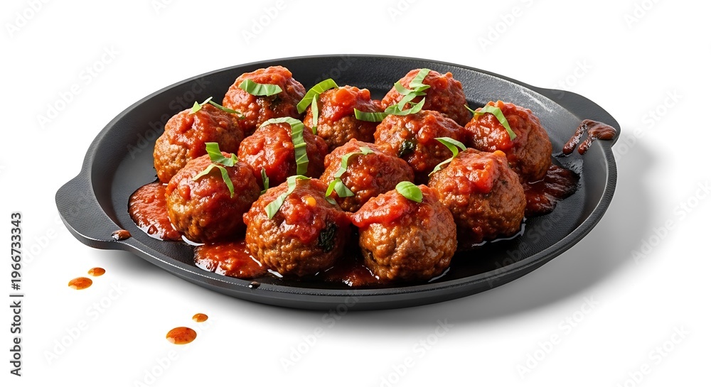 Fototapeta premium Black cast iron oval pan contains saucy meatballs