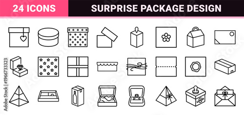 Minimalist Monoline Gift Box Icon Set featuring Geometric Line Art for Celebrations, E-commerce, and Premium Holiday Retail Packaging Design.