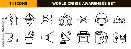 Minimalist monoline global crisis line art symbols featuring climate change, natural disasters, and humanitarian emergency response elements.