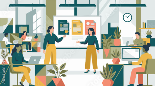 Business team working and collaborating in a modern open-plan office