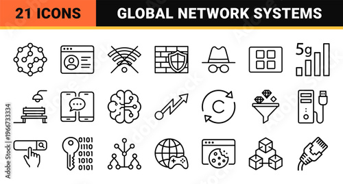 Global Network and Digital Connectivity Minimalist Monoline Line Art Outline Grid Representing Cybersecurity, Cloud Computing, and Internet Infrastructure.