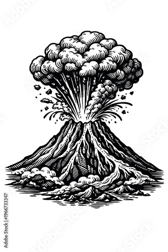 Powerful Volcanic Eruption Woodcut Illustration: A dramatic black and white relief print capturing the raw force of nature with an exploding volcano, towering ash clouds, flying debris, and molten lav