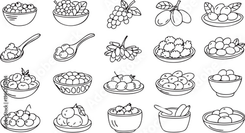 Mediterranean Diet Icons Set With Olives Bowls And Ingredients