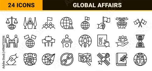 Global Politics and International Relations Minimalist Monoline Vector Icon Set Featuring Geopolitical, Diplomatic, and Legal Symbols.