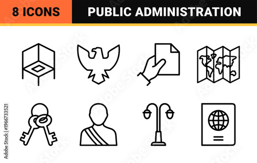 Government and Civic Democracy Minimalist Monoline Icon Set featuring Legislative, Judicial, and Public Policy Geometric Line Art Symbols