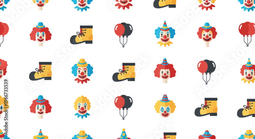 Seamless pattern of colorful clown faces, balloons, and boots, flat design