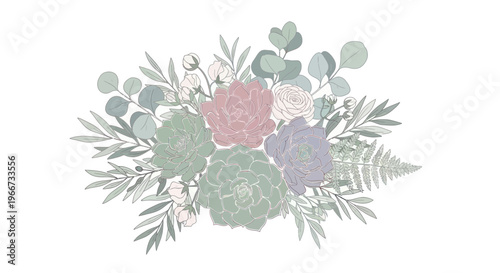 Soft Pastel Floral Arrangement with Succulents and Eucalyptus