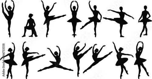 Elegant ballet dancer silhouettes collection, graceful ballerina poses, classical dance movements, artistic performance, black silhouette figures isolated on white background