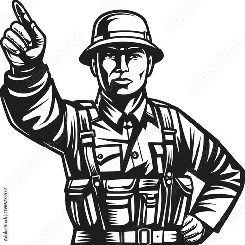 Determined soldier in uniform wearing a helmet pointing his index finger with conviction