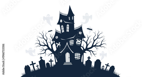 Spooky Haunted House Silhouette with Ghosts and Graveyard - Halloween Illustration