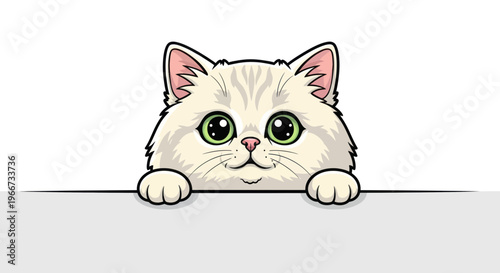 Cute cartoon cat peeking over a blank white banner with big green eyes
