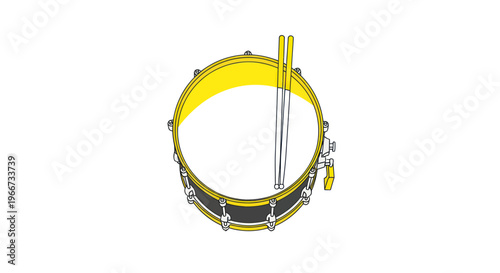 Drum and Drumsticks Isolated on White Background, Percussion Instrument Top View