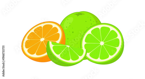 Fresh Citrus Fruits: Orange Slice, Whole Lime, and Lime Halves on White Background