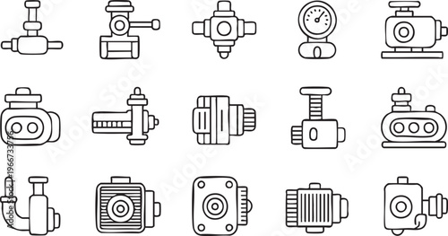 Industrial Valve Pump Icons Set With Pipeline And Machinery Symbols