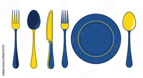 Flatware Set: Plate, Fork, Spoon, Knife in Blue and Yellow
