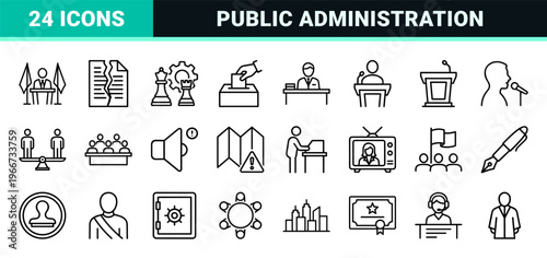 Government and Election Governance Minimalist Monoline Outline Symbols for Legislative Process and Public Administration Interface Design