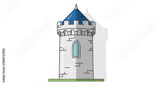 An illustration of a medieval castle tower with a blue roof and stone walls stands alone.