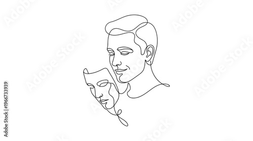Man Removing Mask Revealing Gentle Face, Authentic Self Identity Concept, One Line Drawing