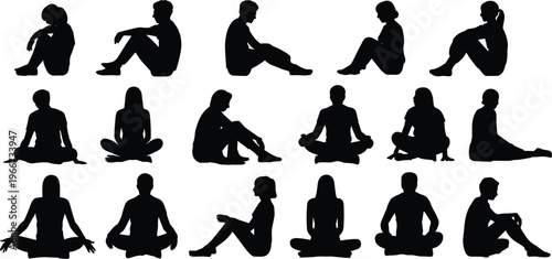Meditation yoga silhouettes set people sitting lotus pose mindfulness relaxation isolated wellness lifestyle concept