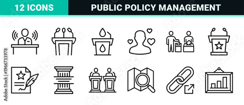 Governmental and Civic Administration Outline Icons Featuring Minimalist Monoline Geometric Design for Public Policy and Legal Systems.