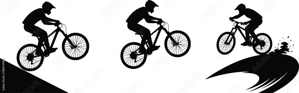 Fototapeta premium Mountain biking action sequence silhouette cyclist jumping downhill extreme sport black illustration design