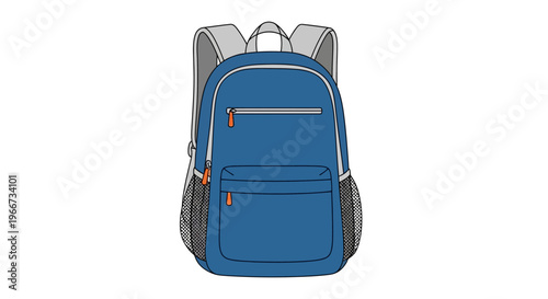 A blue backpack with gray straps and pockets is shown on a white background.