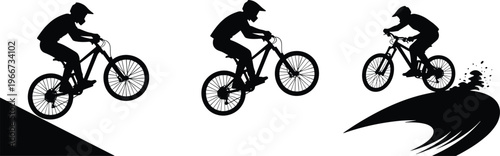 Mountain biking action sequence silhouette cyclist jumping downhill extreme sport black illustration design