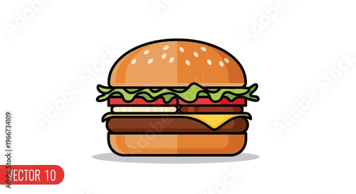 A cartoon cheeseburger with lettuce, tomato, and cheese on a white background.