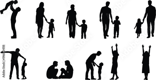 Family silhouettes, parents and children bonding, love care protection togetherness, parenting moments, childhood happiness, human relationships, black isolated figures, illustration